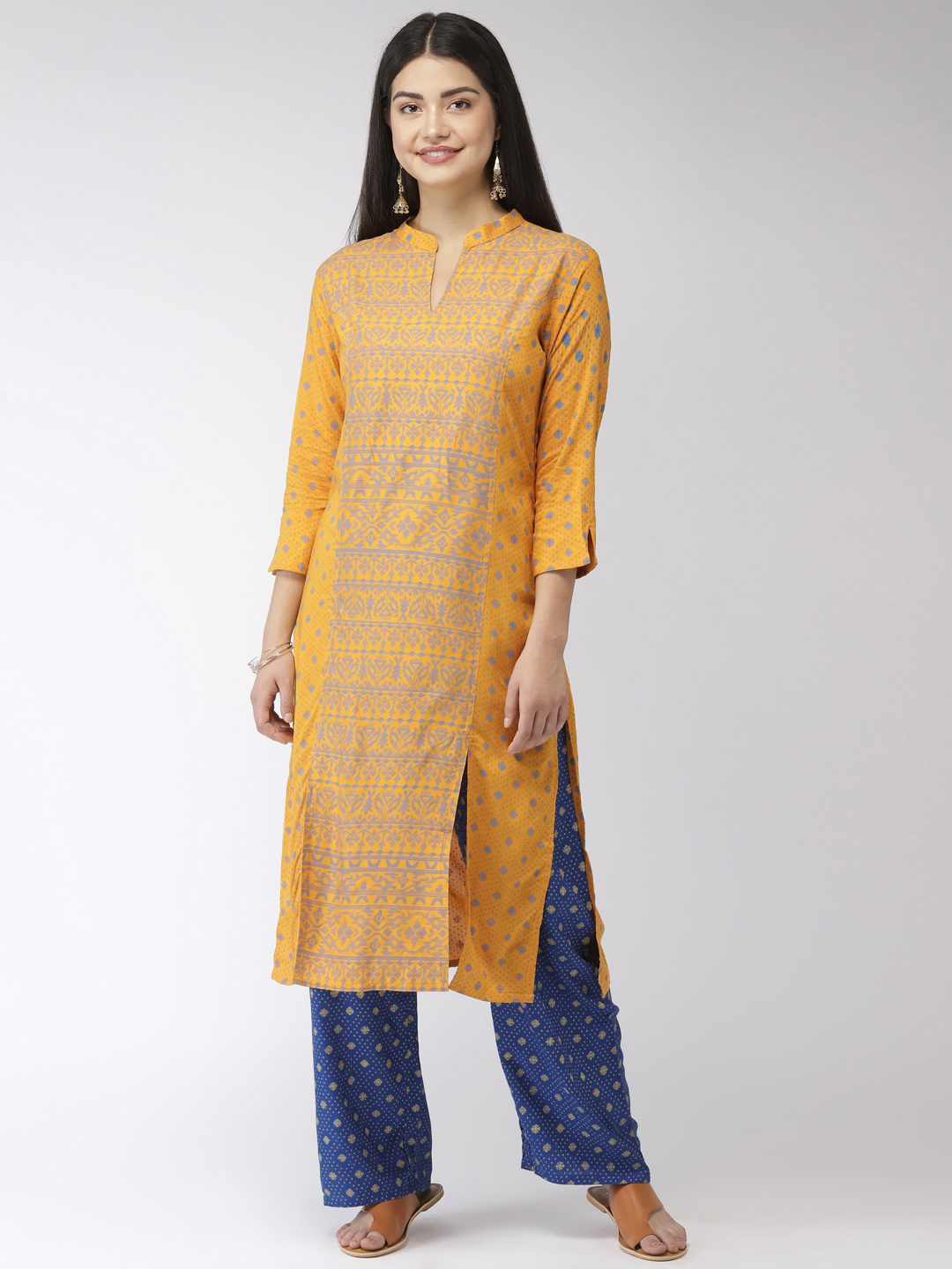 Women Mustard Yellow & Blue Self Design Kurta with Plazo